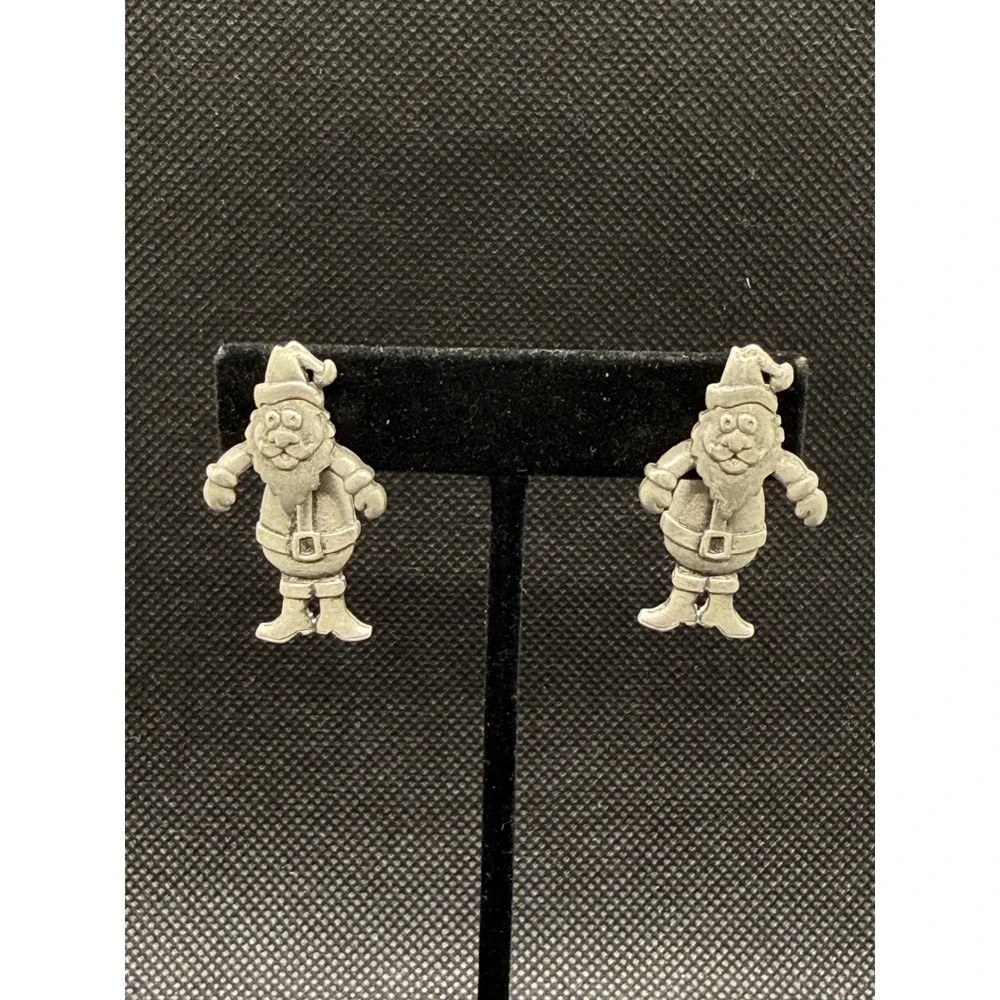 Vintage JJ Jonette Santa Claus Earrings Silver Tone Pewter Christmas Studs